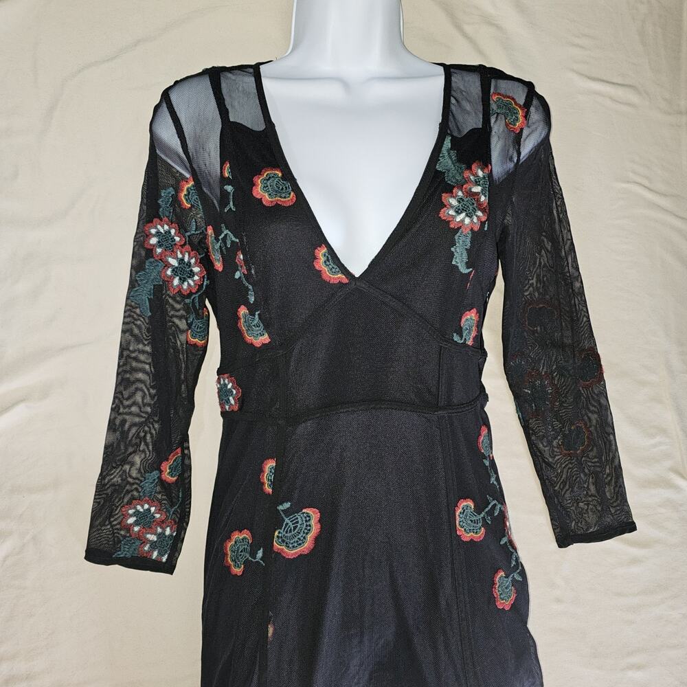 Black Sheer Floral Mesh Maxi Dress Embroidered Whimsigoth Dark Fairy Witchy S